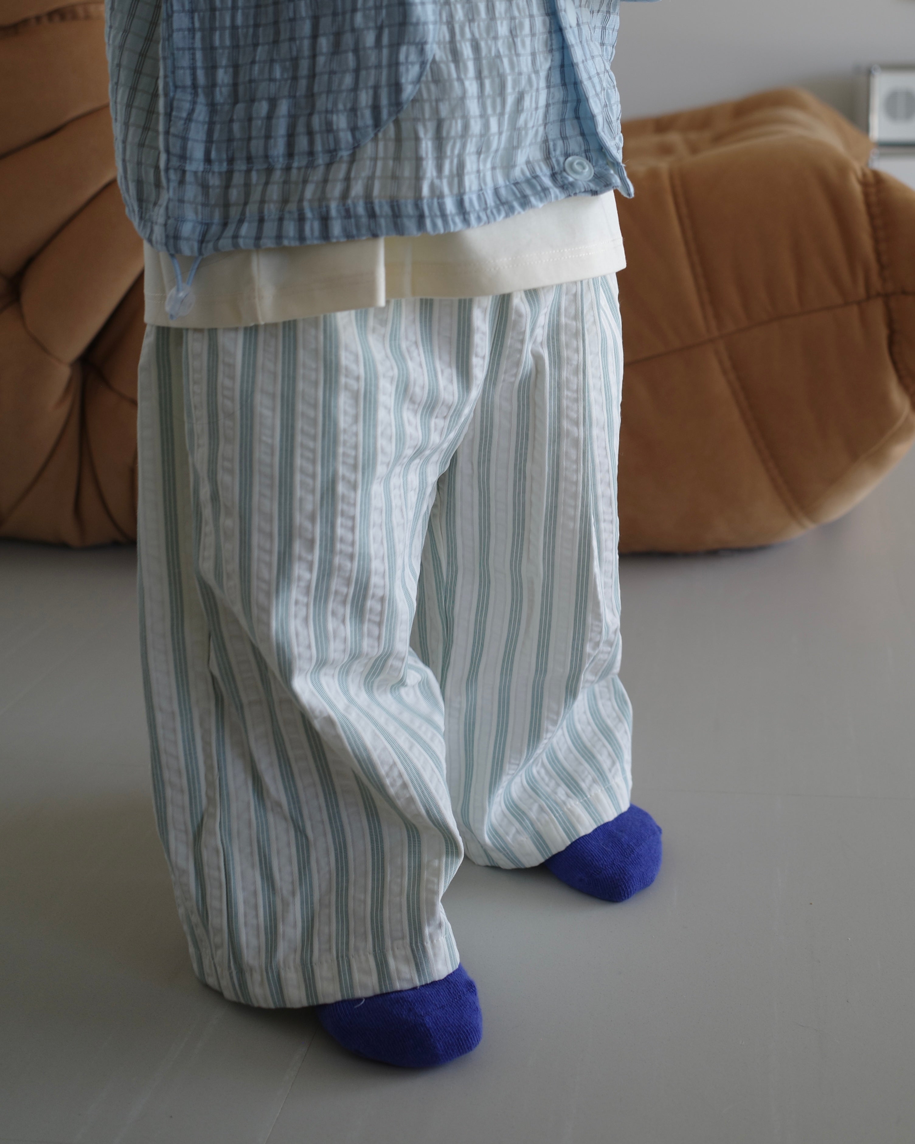 [Kids] エアクリンクル ストライプ 8分丈 ワイドパンツ