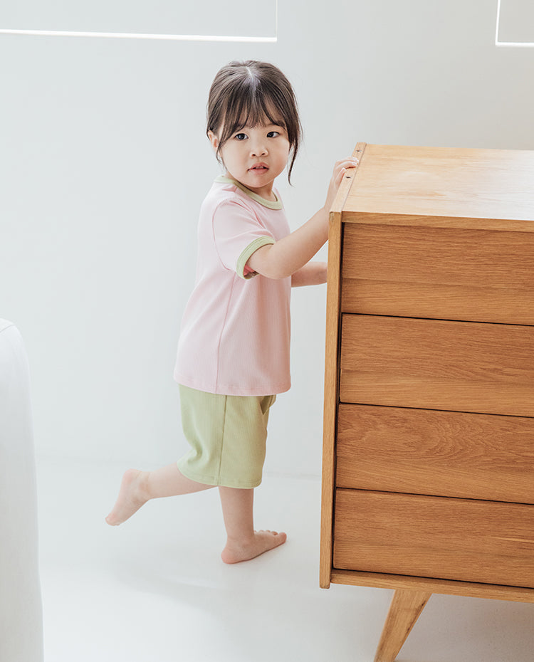 [Kids] エアクーリングリブカラーブロックラウンジセットアップ