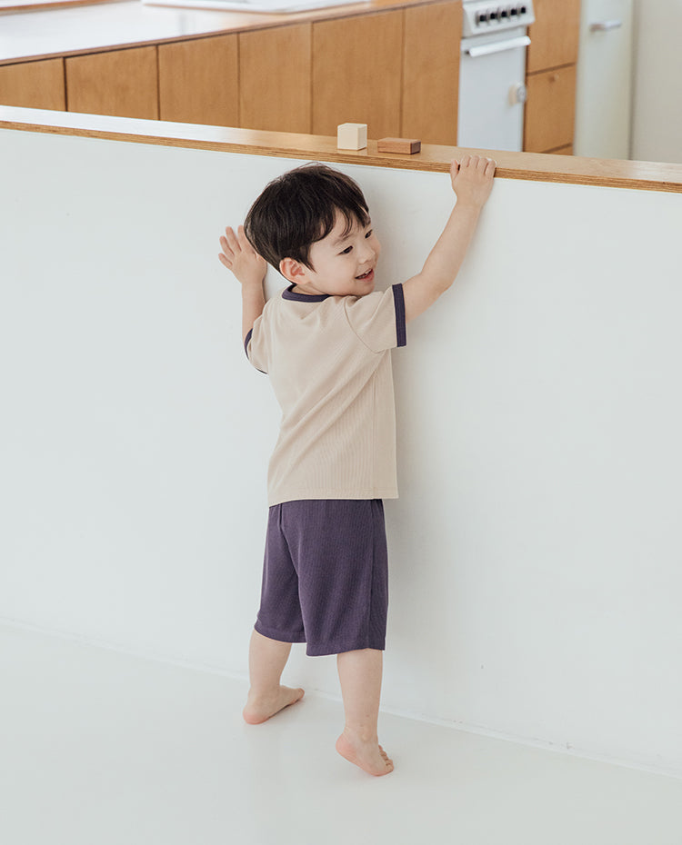 [Kids] エアクーリングリブカラーブロックラウンジセットアップ