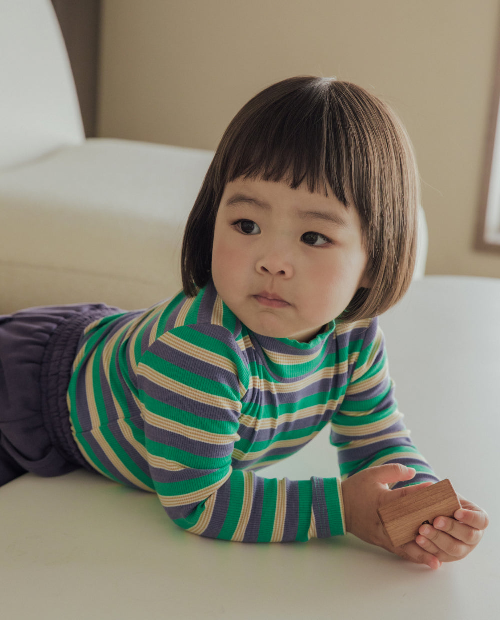 [Kids] もちもちリブハーフネックストライプTシャツ