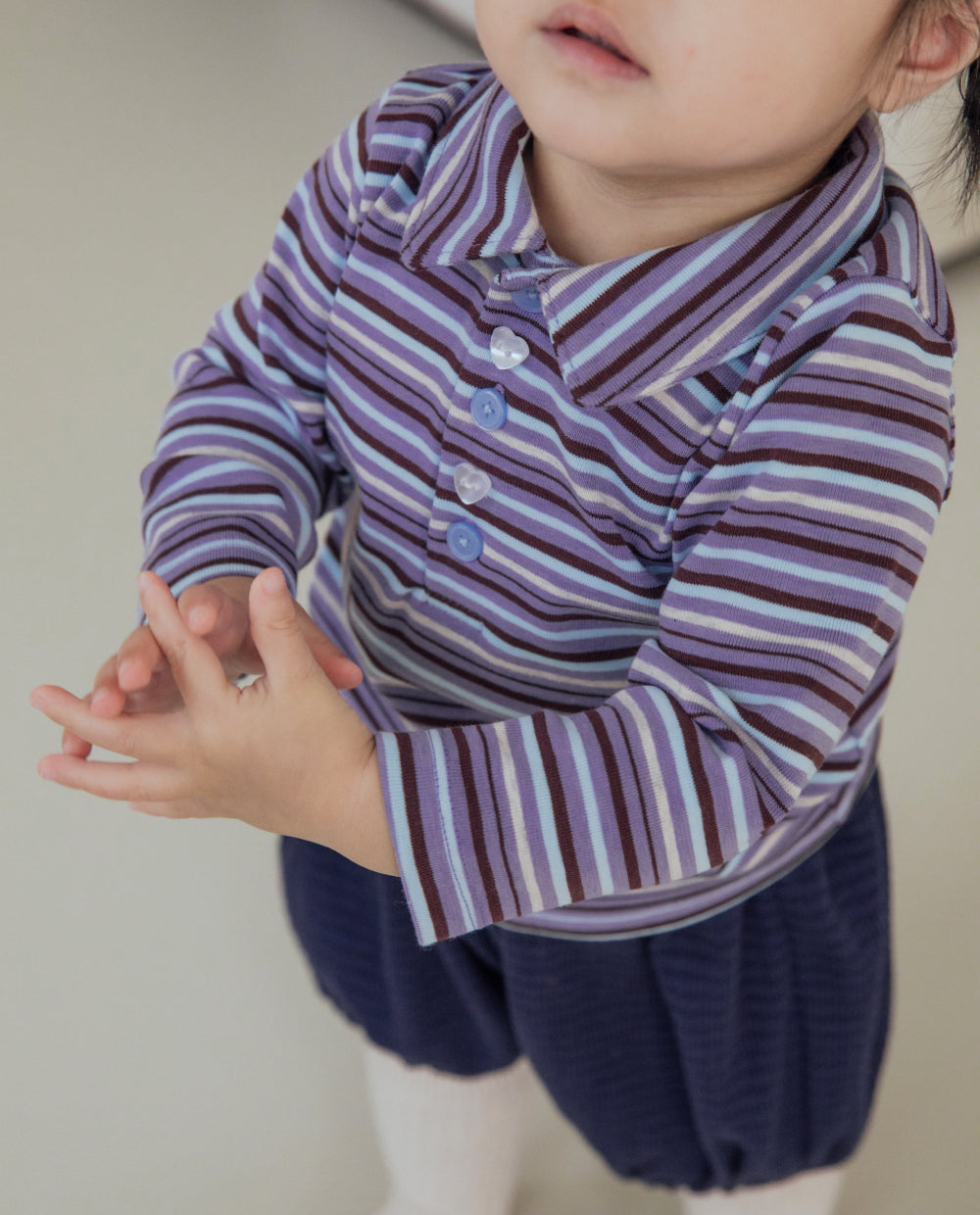 [Baby] もちもちコットンストライプ襟付きTシャツ