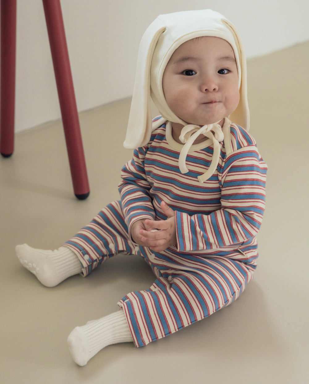 [Baby] ストレッチコットンマルチストライプスリムフィットロンパース