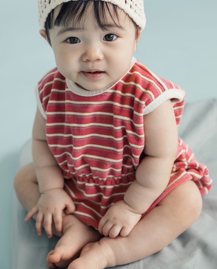 [Baby] コットンテリーキャップスリーブバンディングロンパー