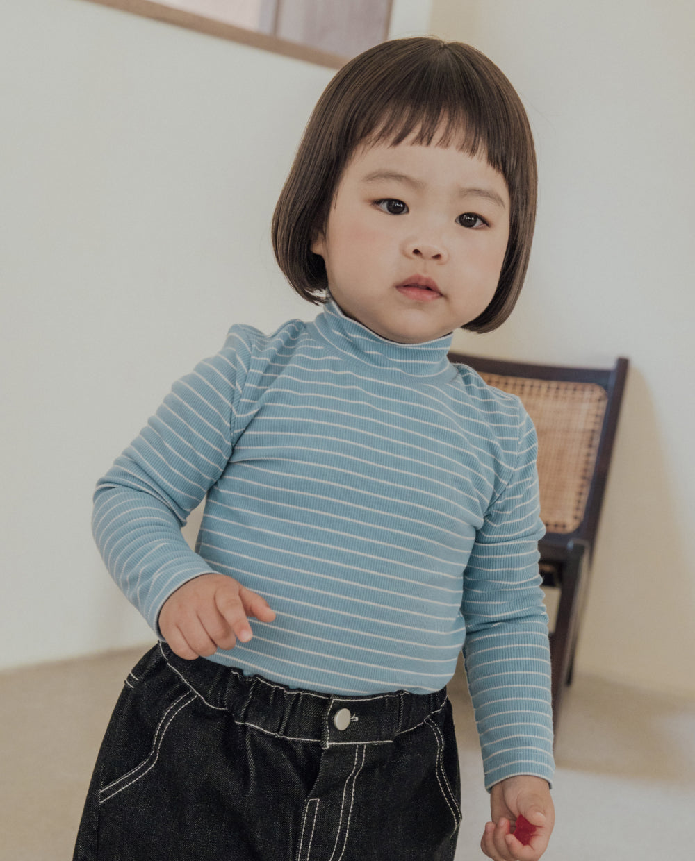 [Kids] (1&1) ふんわりとろみハーフネックストライプTシャツ