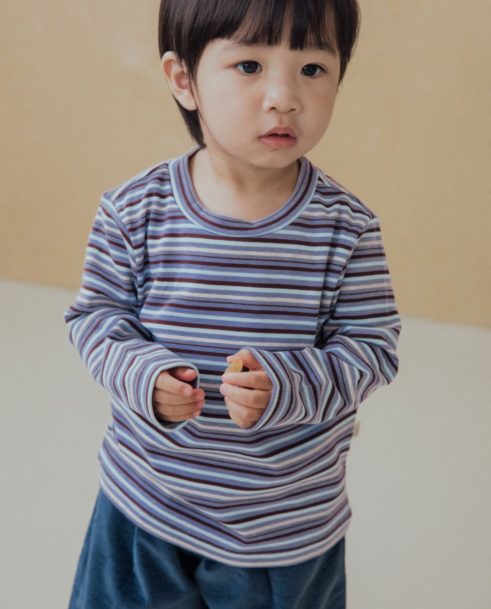 [Kids] もちもちコットンストライプ スリムフィットTシャツ