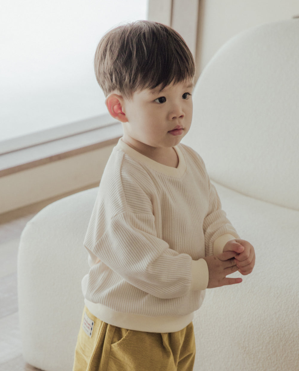 [Kids] ソフトワッフルVネックオーバーサイズスウェット