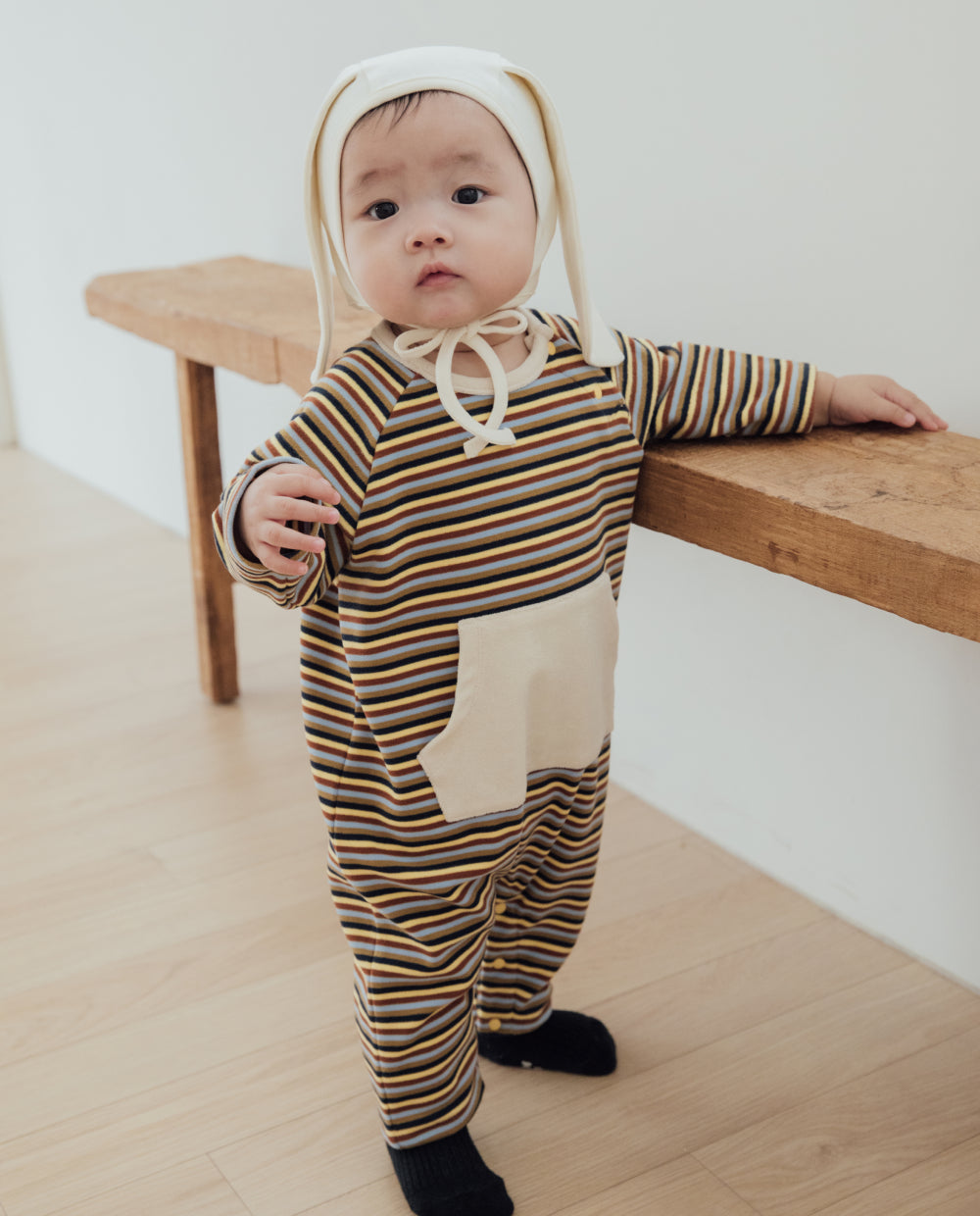 [Baby] ふんわりなめらかストライプロンパース