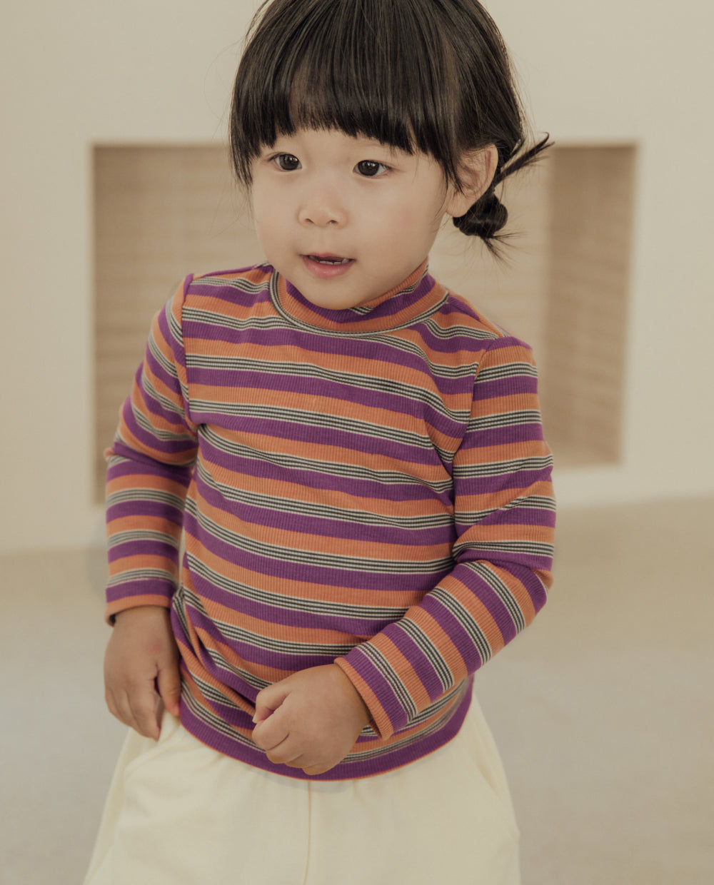 [Kids] もちもちリブハーフネックストライプTシャツ