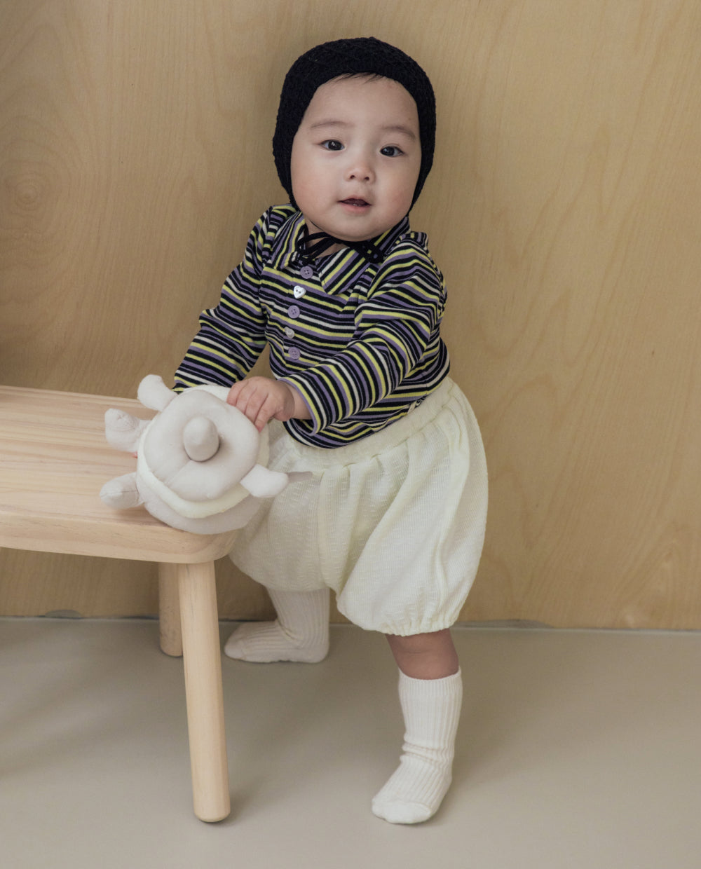 [Baby] もちもちコットンストライプ襟付きTシャツ
