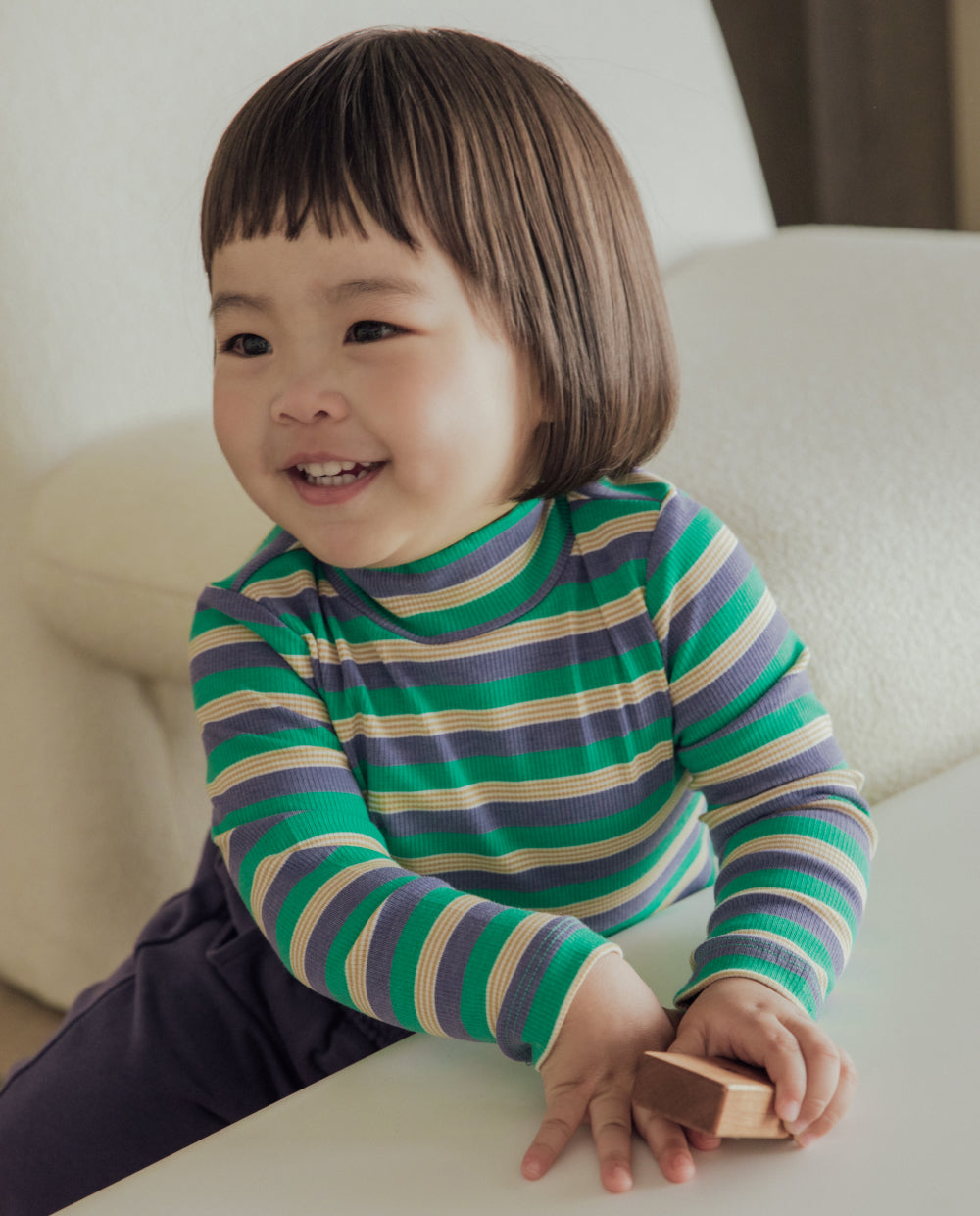 [Kids] もちもちリブハーフネックストライプTシャツ