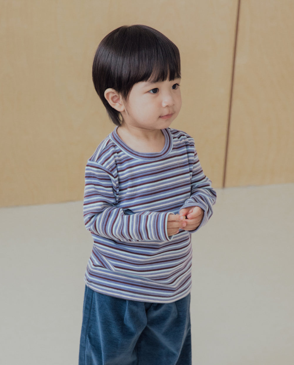 [Kids] もちもちコットンストライプ スリムフィットTシャツ