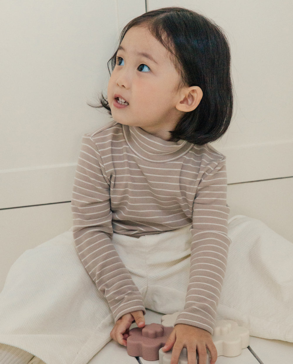 [Kids] (1&1) ふんわりとろみハーフネックストライプTシャツ