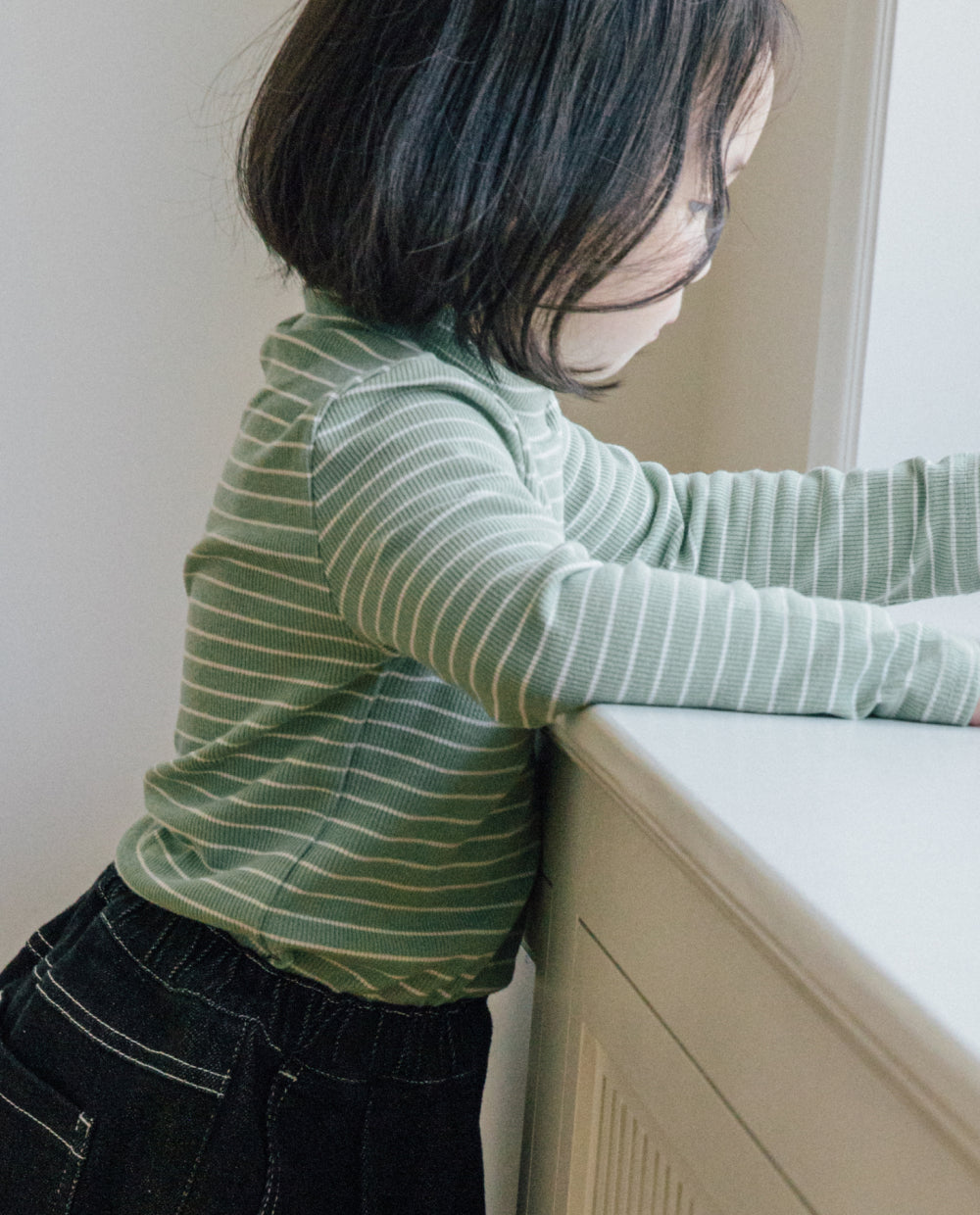 [Kids] (1&1) ふんわりとろみハーフネックストライプTシャツ