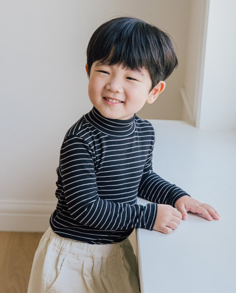 [Kids] (1&1) ふんわりとろみハーフネックストライプTシャツ
